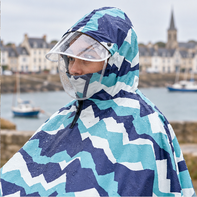 Poncho Vélo Pluie Motifs Montagnes – Bleu / Adulte, dans un intérieur côtier lumineux