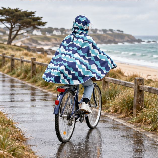 Poncho Vélo Pluie Motifs Montagnes – Bleu / Adulte, porté en mouvement au bord de l’océan