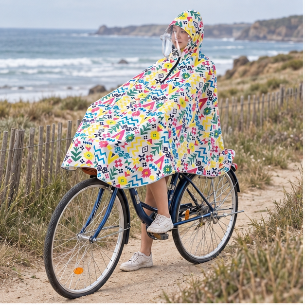 Poncho Vélo Pluie Multiples Motifs – Blanc / Adulte, en situation sur la côte Atlantique
