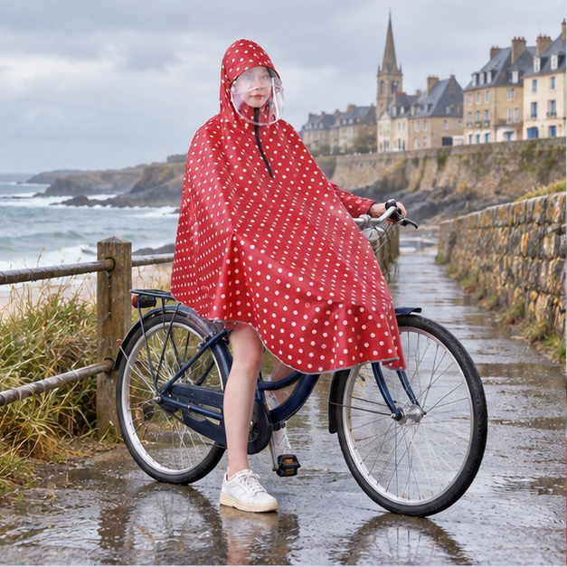 Poncho Vélo Pluie Petit Pois – Rouge / Adulte, en situation sur la côte Atlantique