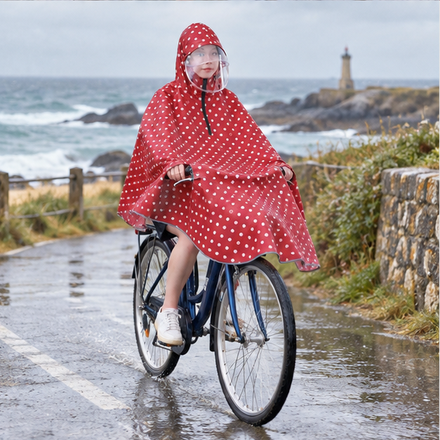 Poncho Vélo Pluie Petit Pois – Rouge / Adulte, porté en mouvement au bord de l’océan