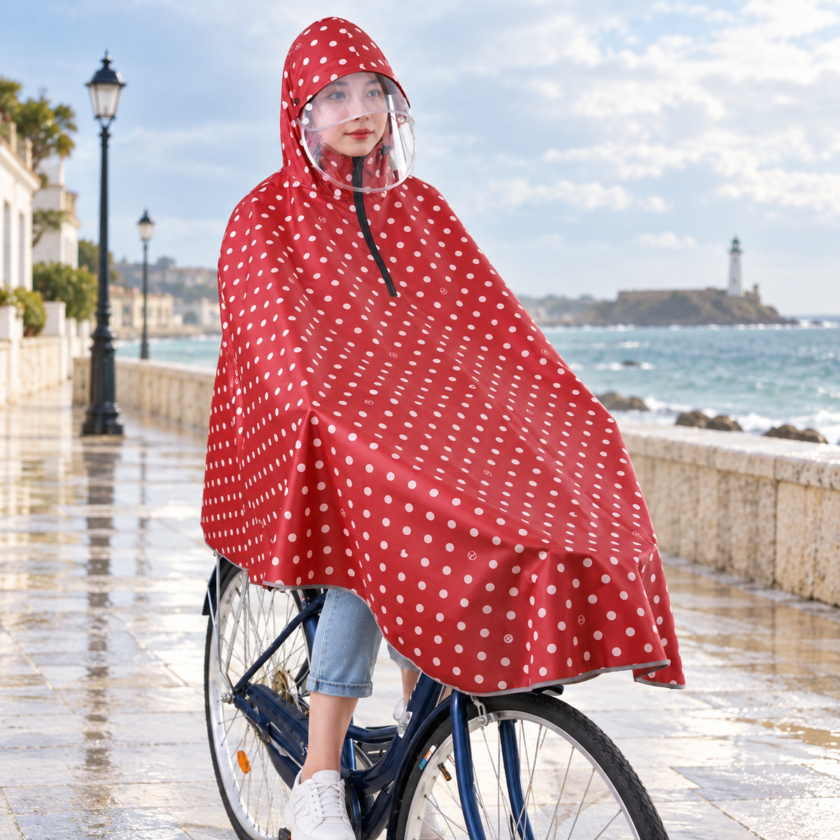 Poncho Vélo Pluie Petit Pois – Rouge / Adulte, visuel principal lifestyle