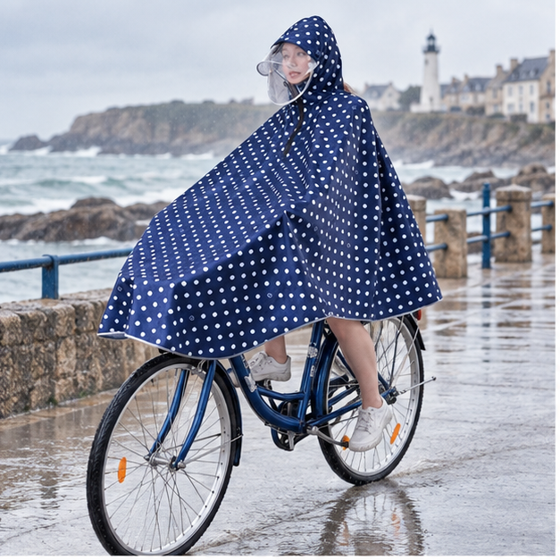 Poncho Vélo Pluie Petit Pois – Bleu / Adulte, en situation sur la côte Atlantique