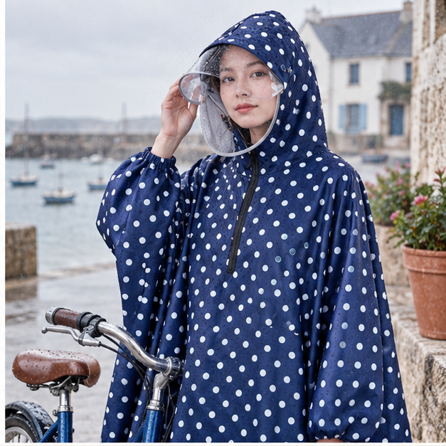 Poncho Vélo Pluie Petit Pois – Bleu / Adulte, dans un intérieur côtier lumineux