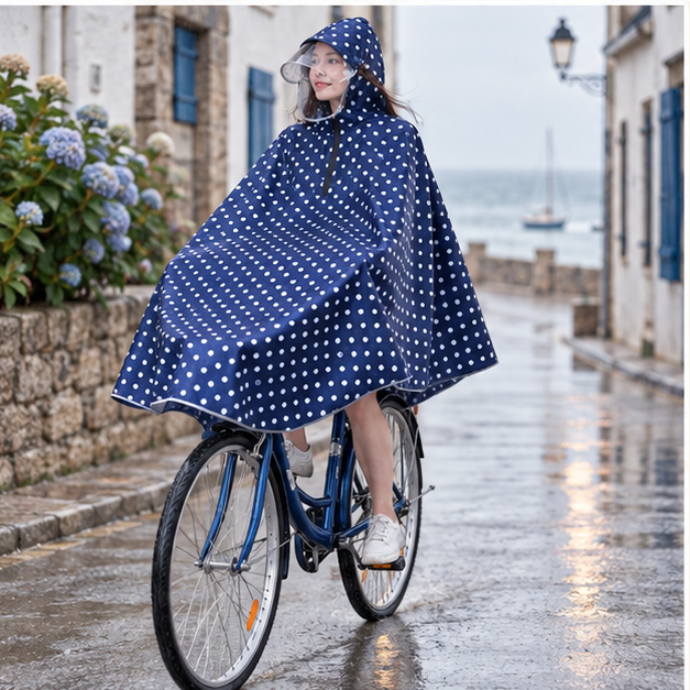 Poncho Vélo Pluie Petit Pois – Bleu / Adulte, porté en mouvement au bord de l’océan