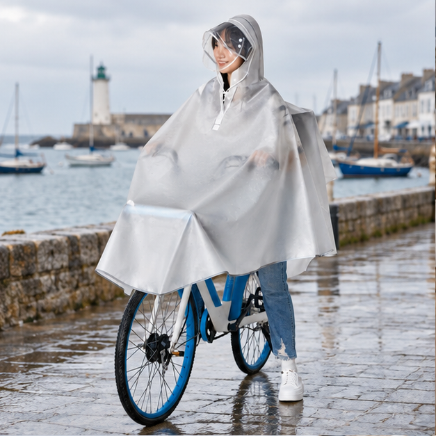 Poncho Vélo Pluie Transparent – Blanc / Adulte, en situation sur la côte Atlantique