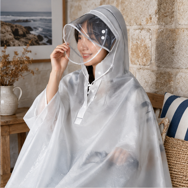 Poncho Vélo Pluie Transparent – Blanc / Adulte, dans un intérieur côtier lumineux