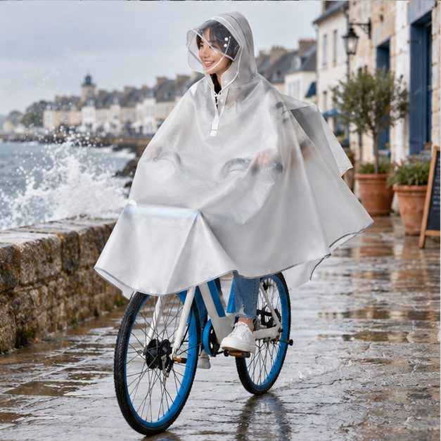 Poncho Vélo Pluie Transparent – Blanc / Adulte, porté en mouvement au bord de l’océan