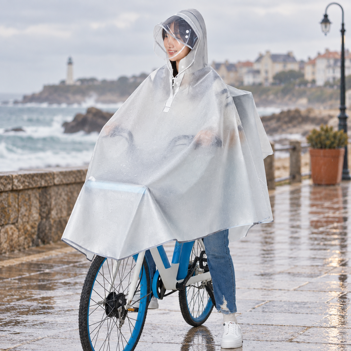 Poncho Vélo Pluie Transparent – Blanc / Adulte, visuel principal lifestyle