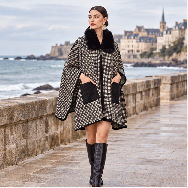 Poncho Zip Col Fourrure – Noir / Adulte, en situation sur la côte Atlantique