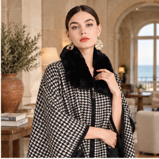 Poncho Zip Col Fourrure – Noir / Adulte, dans un intérieur côtier lumineux