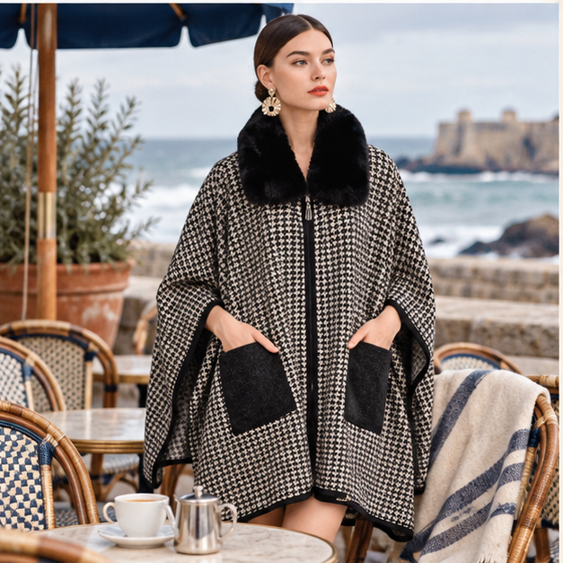 Poncho Zip Col Fourrure – Noir / Adulte, porté en mouvement au bord de l’océan
