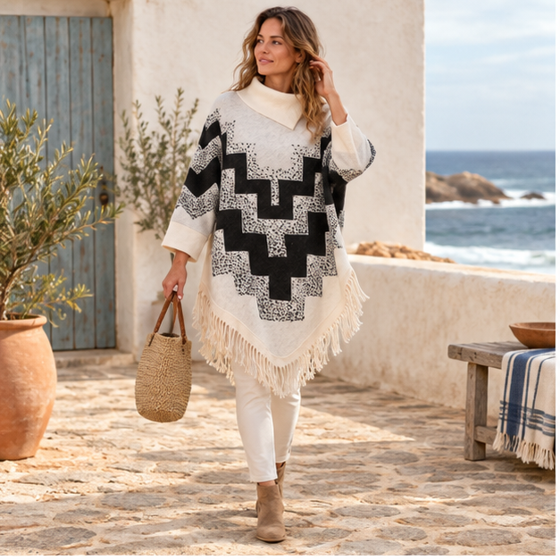 Pull Poncho à Franges – Blanc / Adulte, en situation sur la côte Atlantique