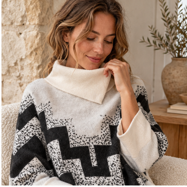 Pull Poncho à Franges – Blanc / Adulte, dans un intérieur côtier lumineux