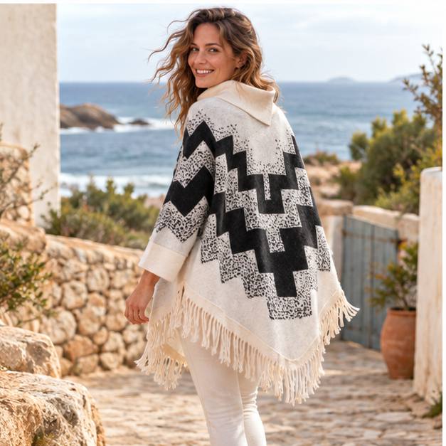 Pull Poncho à Franges – Blanc / Adulte, porté en mouvement au bord de l’océan