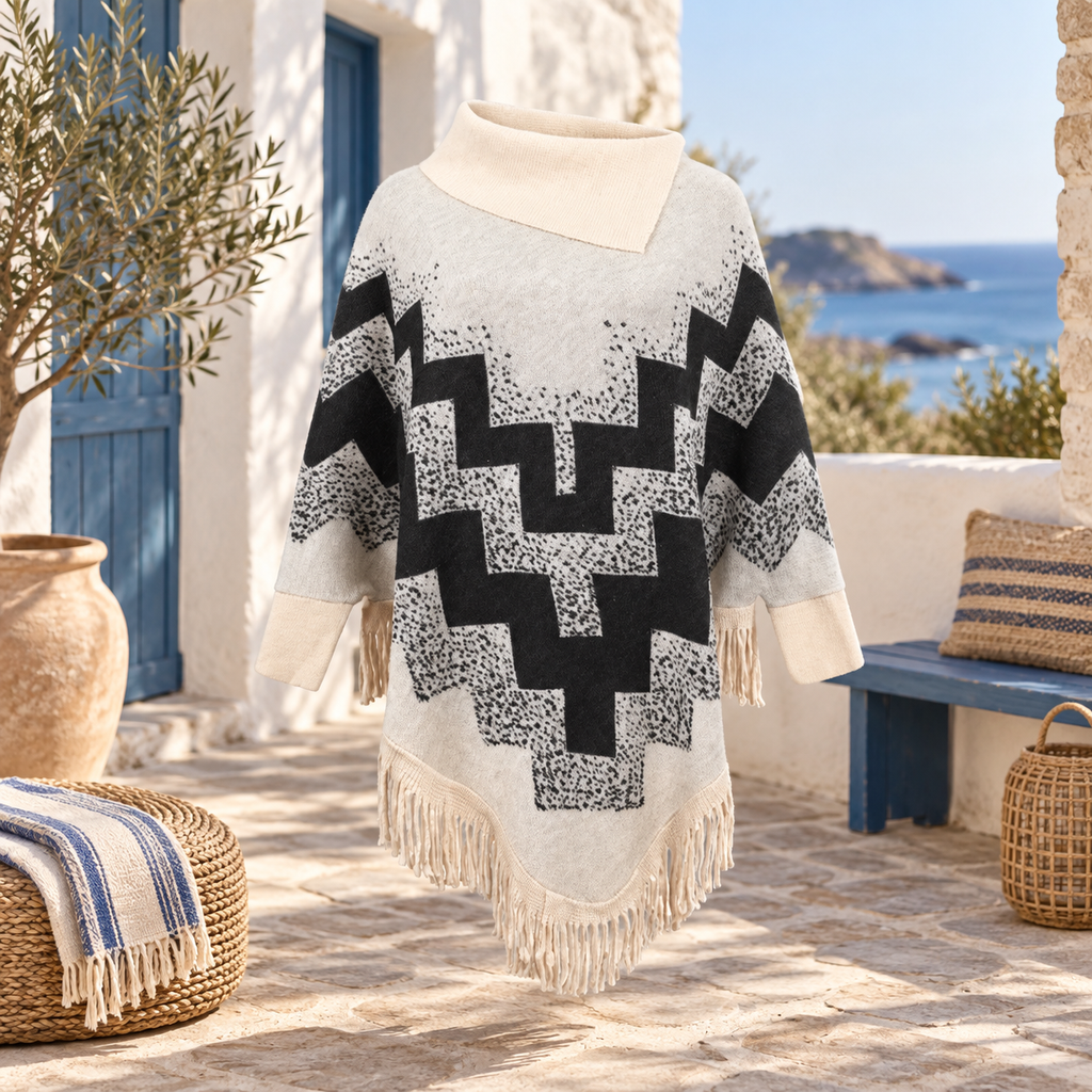 Pull Poncho à Franges – Blanc / Adulte, visuel principal lifestyle