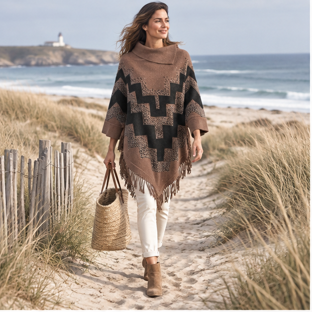 Pull Poncho à Franges – Marron / Adulte, en situation sur la côte Atlantique