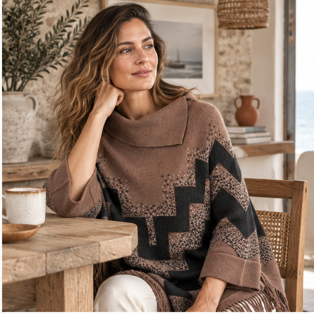 Pull Poncho à Franges – Marron / Adulte, dans un intérieur côtier lumineux