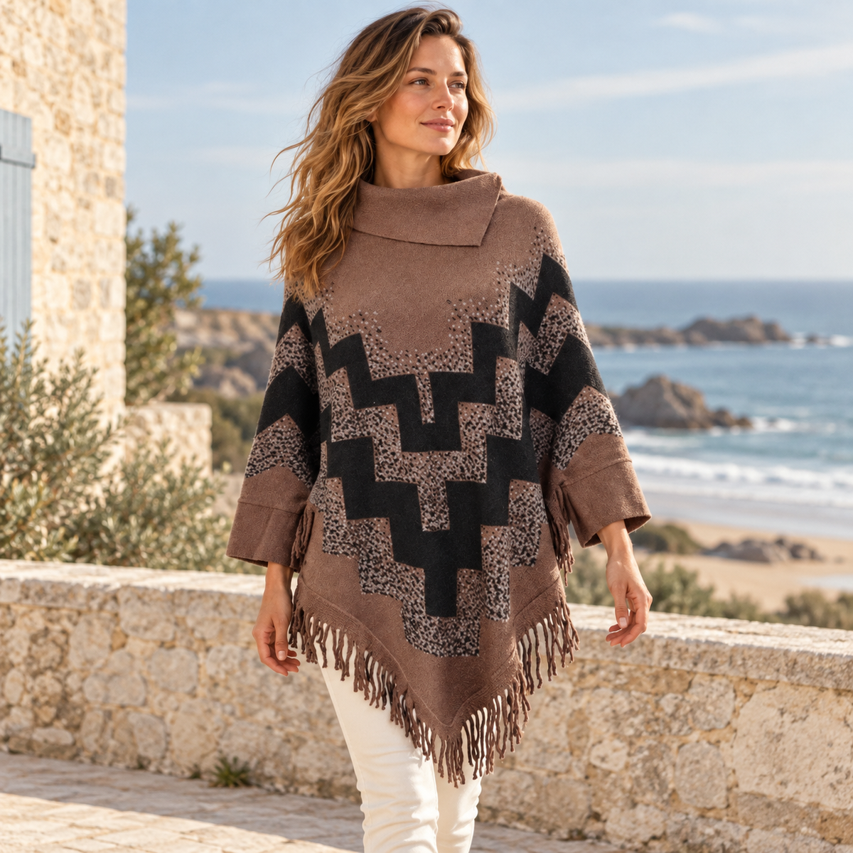 Pull Poncho à Franges – Marron / Adulte, visuel principal lifestyle