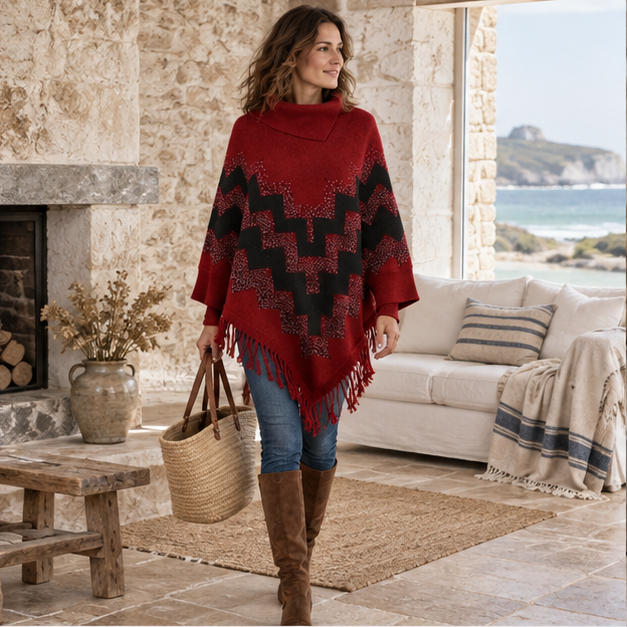 Pull Poncho à Franges – Rouge / Adulte, en situation sur la côte Atlantique