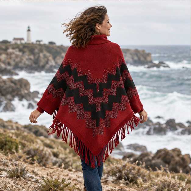 Pull Poncho à Franges – Rouge / Adulte, porté en mouvement au bord de l’océan