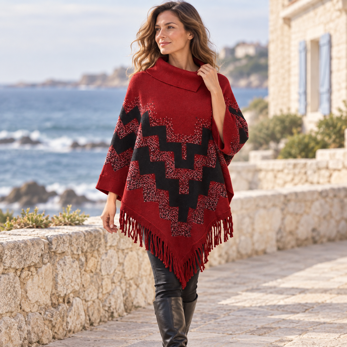 Pull Poncho à Franges – Rouge / Adulte, visuel principal lifestyle