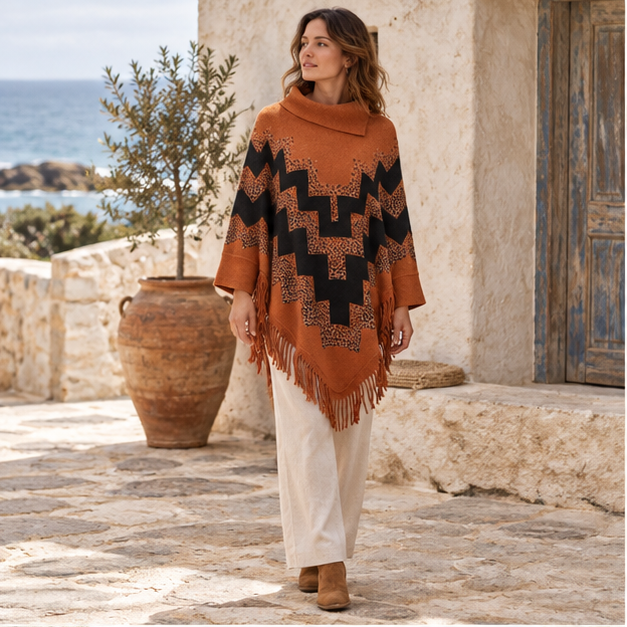 Pull Poncho à Franges – Orange / Adulte, en situation sur la côte Atlantique