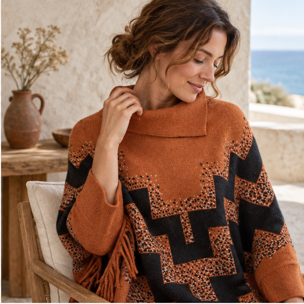 Pull Poncho à Franges – Orange / Adulte, dans un intérieur côtier lumineux