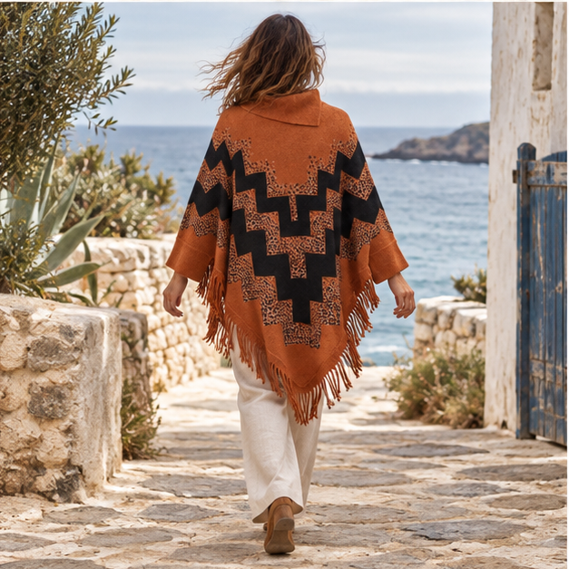 Pull Poncho à Franges – Orange / Adulte, porté en mouvement au bord de l’océan
