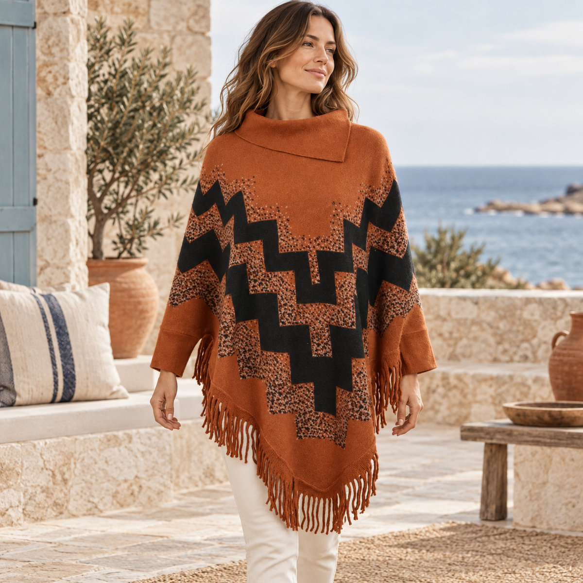 Pull Poncho à Franges – Orange / Adulte, visuel principal lifestyle