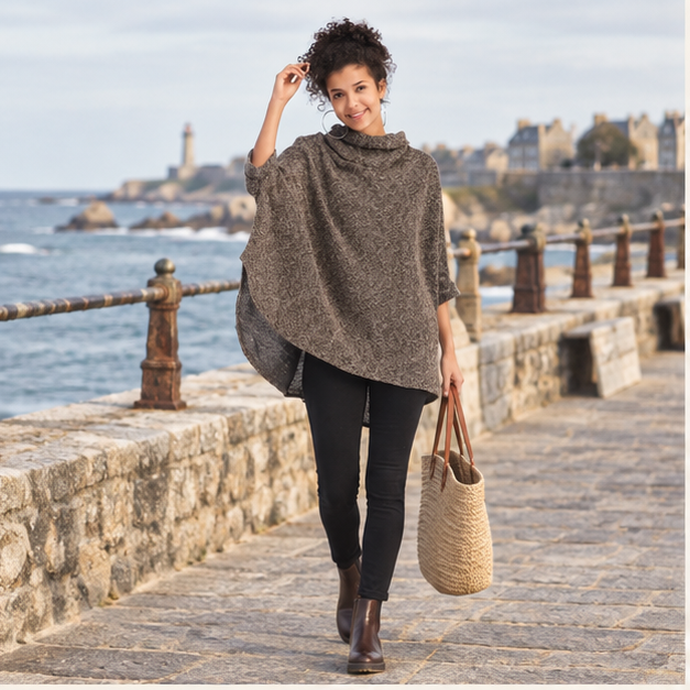 Pull Poncho Avec Manches – Marron / Adulte, en situation sur la côte Atlantique