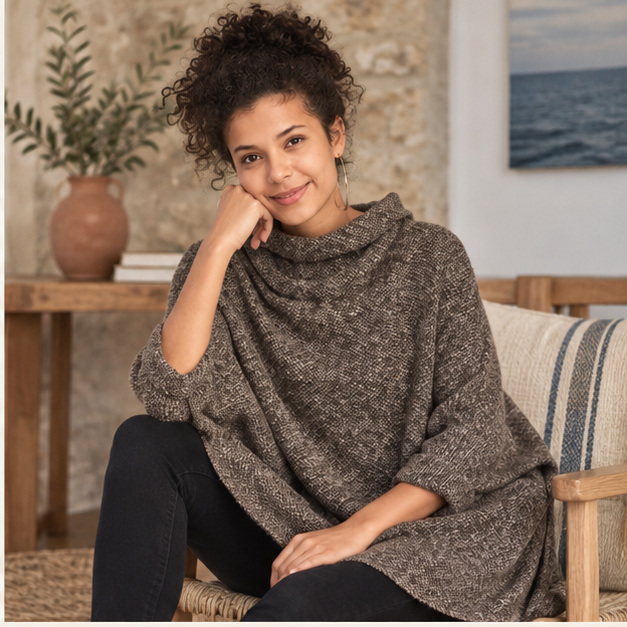 Pull Poncho Avec Manches – Marron / Adulte, dans un intérieur côtier lumineux