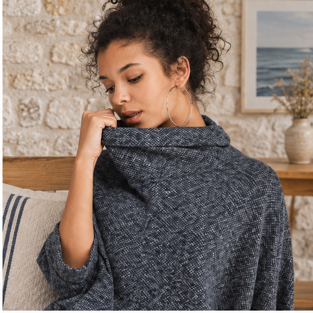 Pull Poncho Avec Manches – Gris Foncé / Adulte, dans un intérieur côtier lumineux