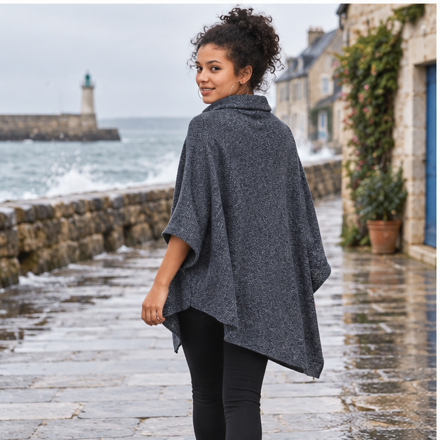Pull Poncho Avec Manches – Gris Foncé / Adulte, porté en mouvement au bord de l’océan
