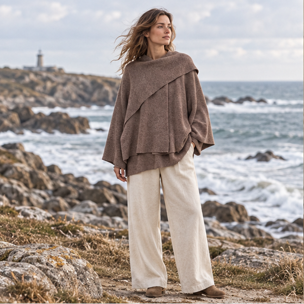 Pull Poncho avec Manches – Marron / S, Marron / M, Marron / L, en situation sur la côte Atlantique