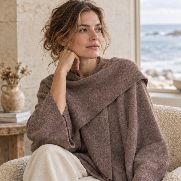 Pull Poncho avec Manches – Marron / S, Marron / M, Marron / L, dans un intérieur côtier lumineux
