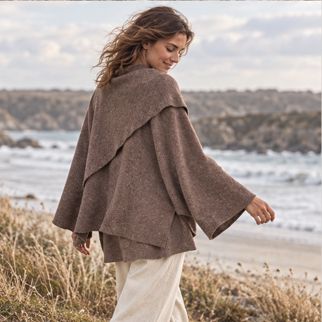 Pull Poncho avec Manches – Marron / S, Marron / M, Marron / L, porté en mouvement au bord de l’océan