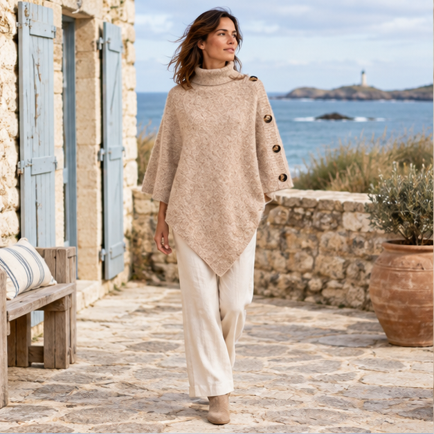 Pull Poncho Beige – Beige / Adulte, en situation sur la côte Atlantique