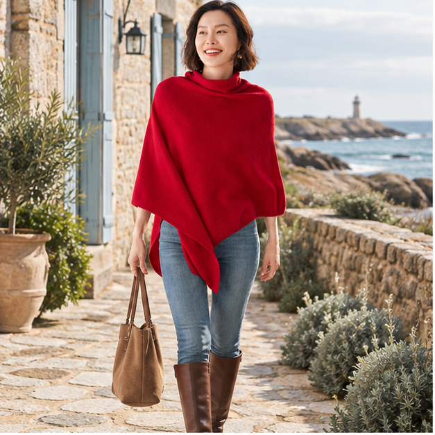 Pull Poncho Col Roulé Femme – Bordeaux / Adulte, en situation sur la côte Atlantique