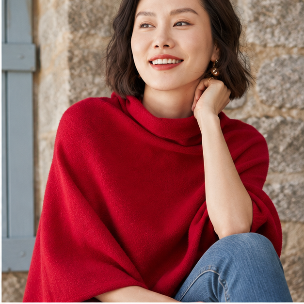 Pull Poncho Col Roulé Femme – Bordeaux / Adulte, dans un intérieur côtier lumineux