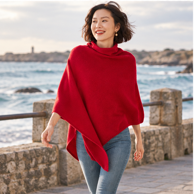 Pull Poncho Col Roulé Femme – Bordeaux / Adulte, porté en mouvement au bord de l’océan