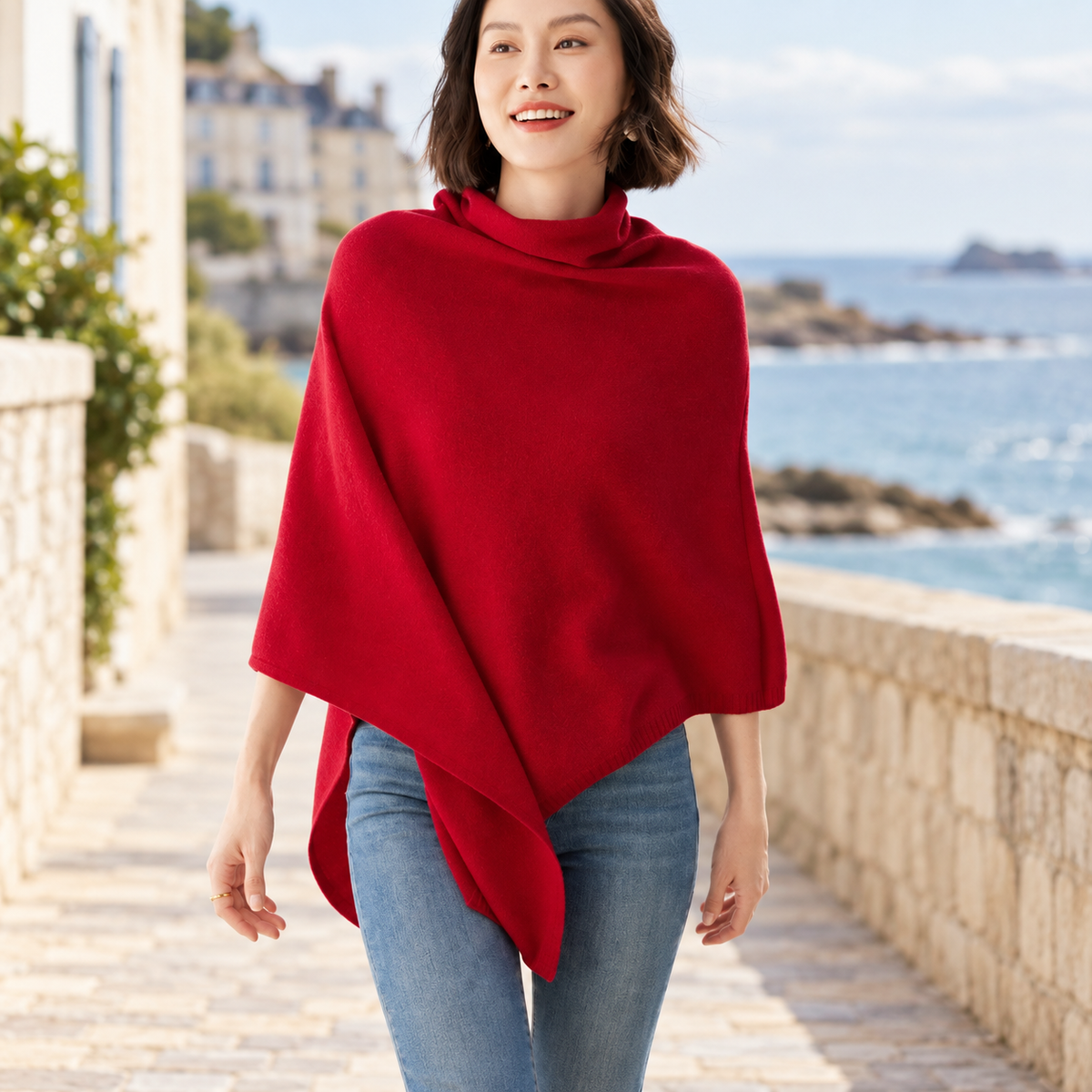 Pull Poncho Col Roulé Femme – Bordeaux / Adulte, visuel principal lifestyle