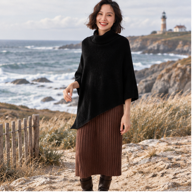 Pull Poncho Col Roulé Femme – Noir / Adulte, en situation sur la côte Atlantique