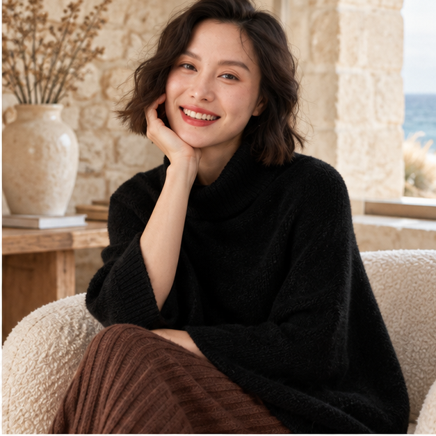 Pull Poncho Col Roulé Femme – Noir / Adulte, dans un intérieur côtier lumineux