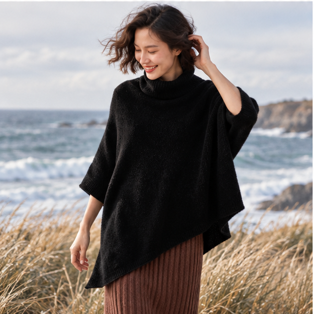 Pull Poncho Col Roulé Femme – Noir / Adulte, porté en mouvement au bord de l’océan