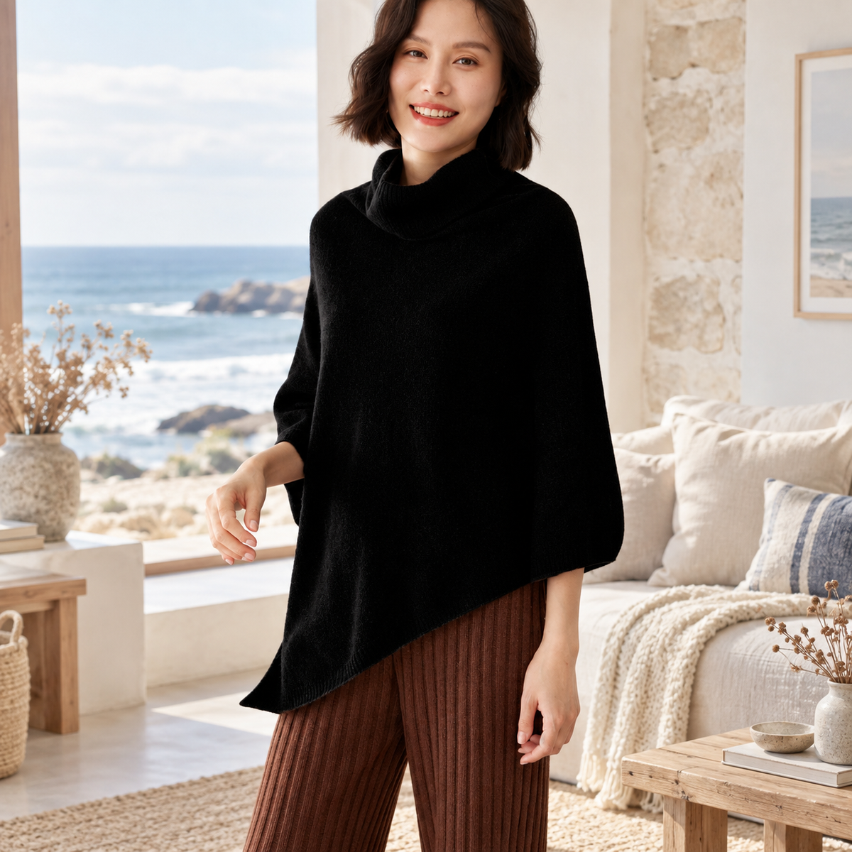 Pull Poncho Col Roulé Femme – Noir / Adulte, visuel principal lifestyle