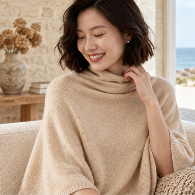 Pull Poncho Col Roulé Femme – Beige / Adulte, dans un intérieur côtier lumineux