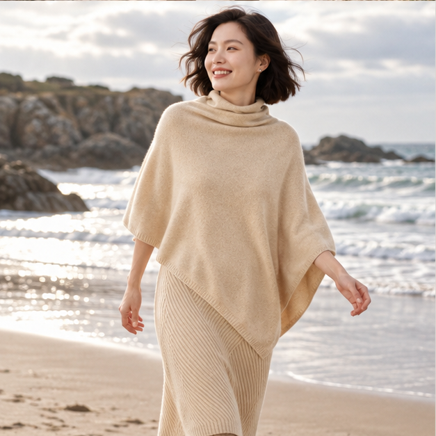 Pull Poncho Col Roulé Femme – Beige / Adulte, porté en mouvement au bord de l’océan