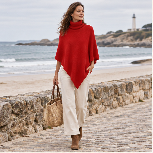 Pull Poncho Col Roulé Femme – Red / Adulte, en situation sur la côte Atlantique