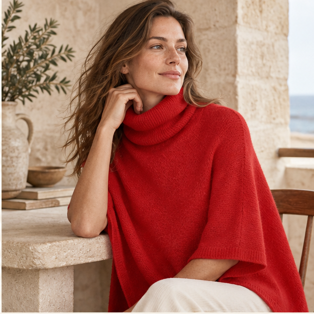 Pull Poncho Col Roulé Femme – Red / Adulte, dans un intérieur côtier lumineux